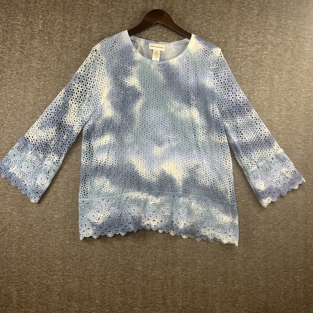 Alfred Dunner Top‎ Size XL Blue Tie Dye Lace Crochet Layered 3/4 Sleeves